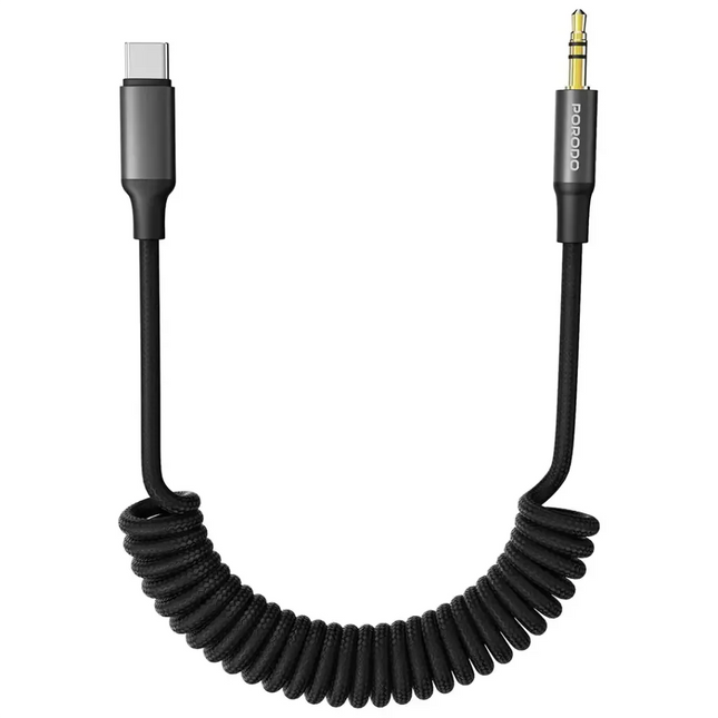Porodo USB-C To Audio Jack Coiled Aux Cable Tangle-Free Design Black