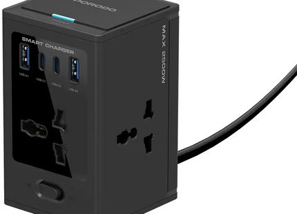 Porodo Universal GaN Multi-Port Cube Adapter with 4 AC Sockets Black