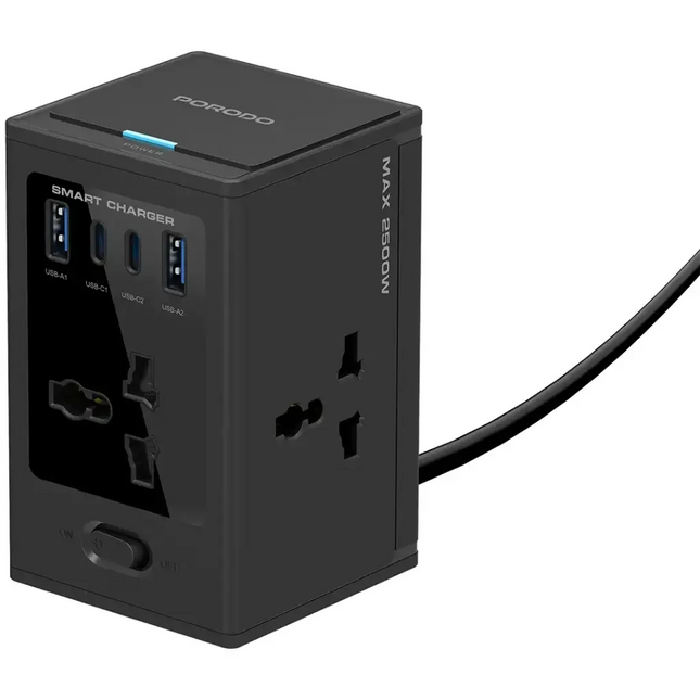 Porodo Universal GaN Multi-Port Cube Adapter with 4 AC Sockets Black