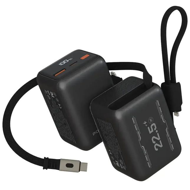 Porodo Voltra 10000mAh Power Bank with Retractable Type-C Cable Black