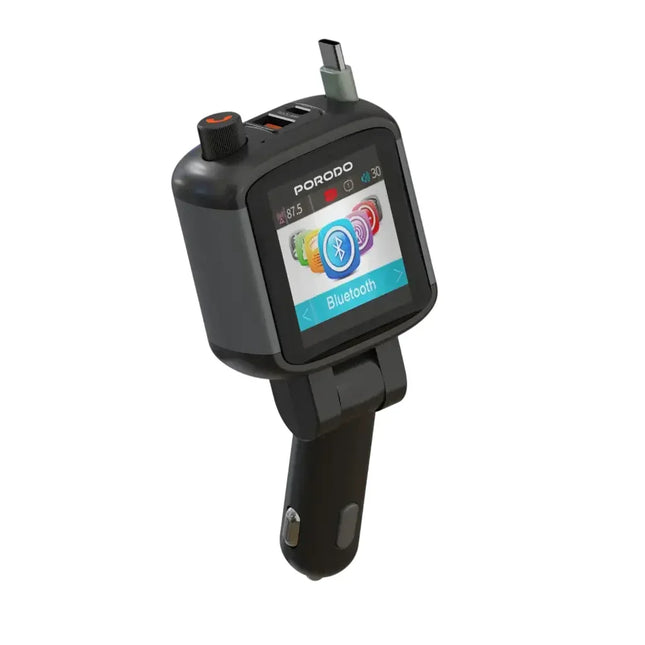 Porodo Voltrush Multi-Port USB Car Charger with TFT Display & Recractable Cable Black