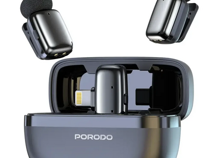 Porodo Wireless Lavalier Microphones Lightning Connector | Noise Reduction Black
