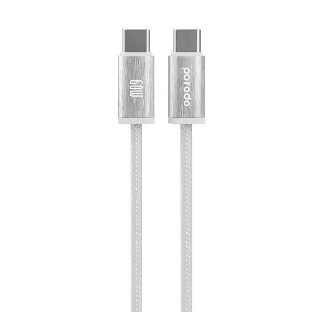 Porodo Woven Braided USB-C To Type-C Cable Data & Fast Charge Aluminum Shell 1.2m/4ft White