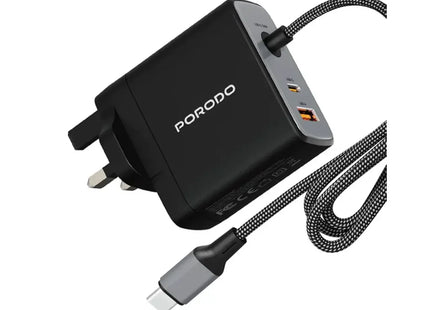 Porodo ZENTRIX 100W GaN Fast Charger with 1.5m Braided USB-C Cable Black