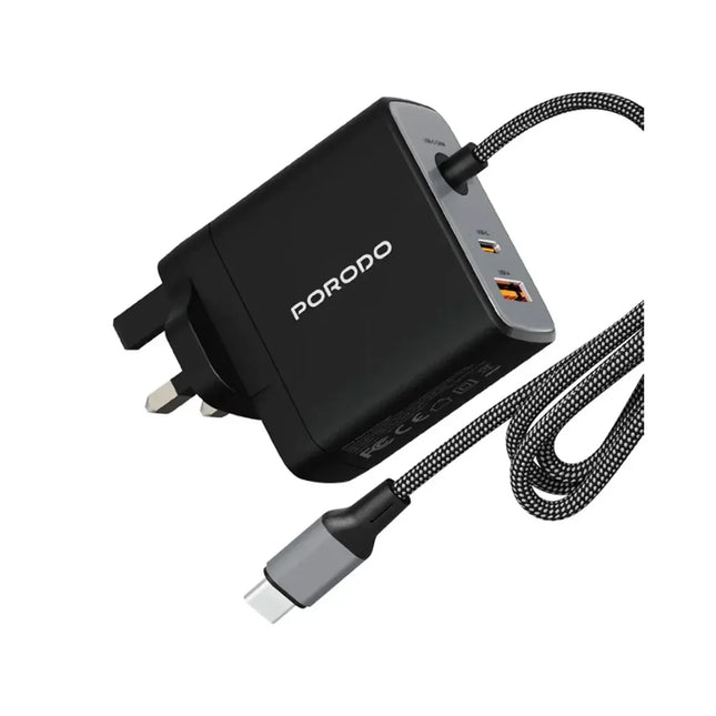 Porodo ZENTRIX 100W GaN Fast Charger with 1.5m Braided USB-C Cable Black