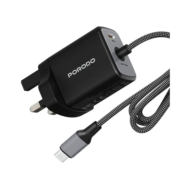 Porodo ZENTRIX 45W GaN Fast Charger with 1.5m Braided USB-C Cable Black