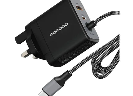 Porodo ZENTRIX 65W GaN Fast Charger with 1.5m Braided USB-C Cable Black