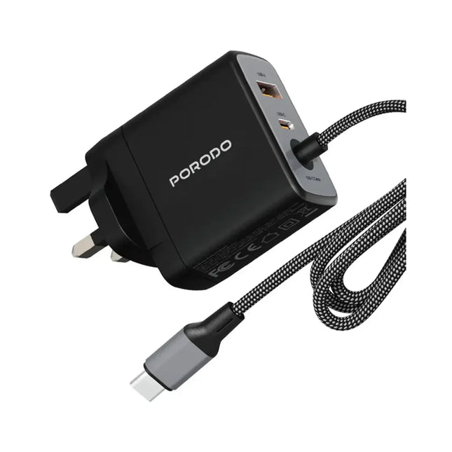 Porodo ZENTRIX 65W GaN Fast Charger with 1.5m Braided USB-C Cable Black