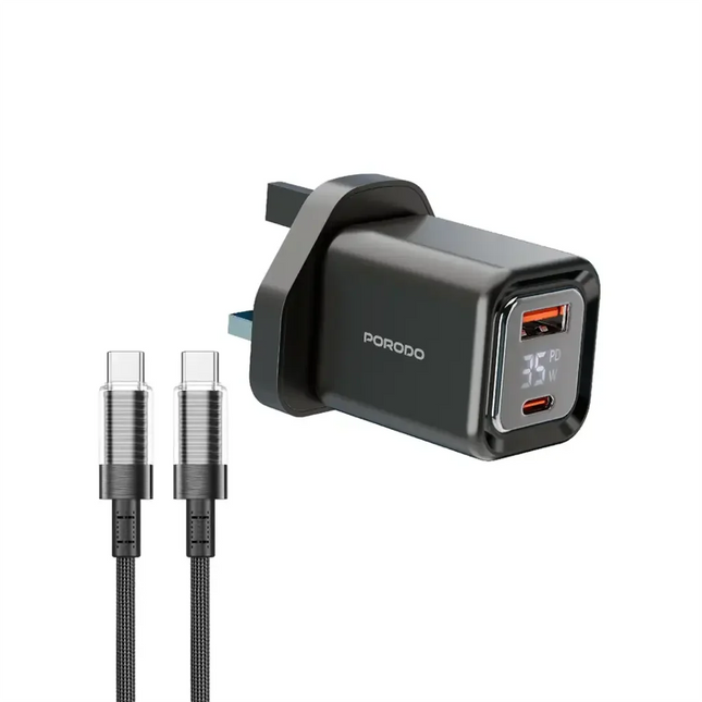 Porodo Dual-Port | Digital Display Quick Charger with USB-C To USB-C Cable Black