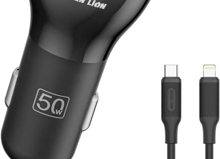 Green Lion Dual Port Car Charger 50W (PD 30W + QC 20W) With USB-C to Lightning Cable 1M