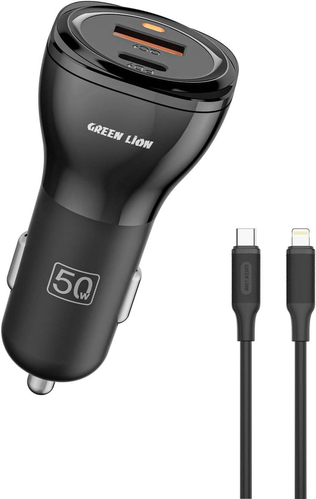 Green Lion Dual Port Car Charger 50W (PD 30W + QC 20W) With USB-C to Lightning Cable 1M